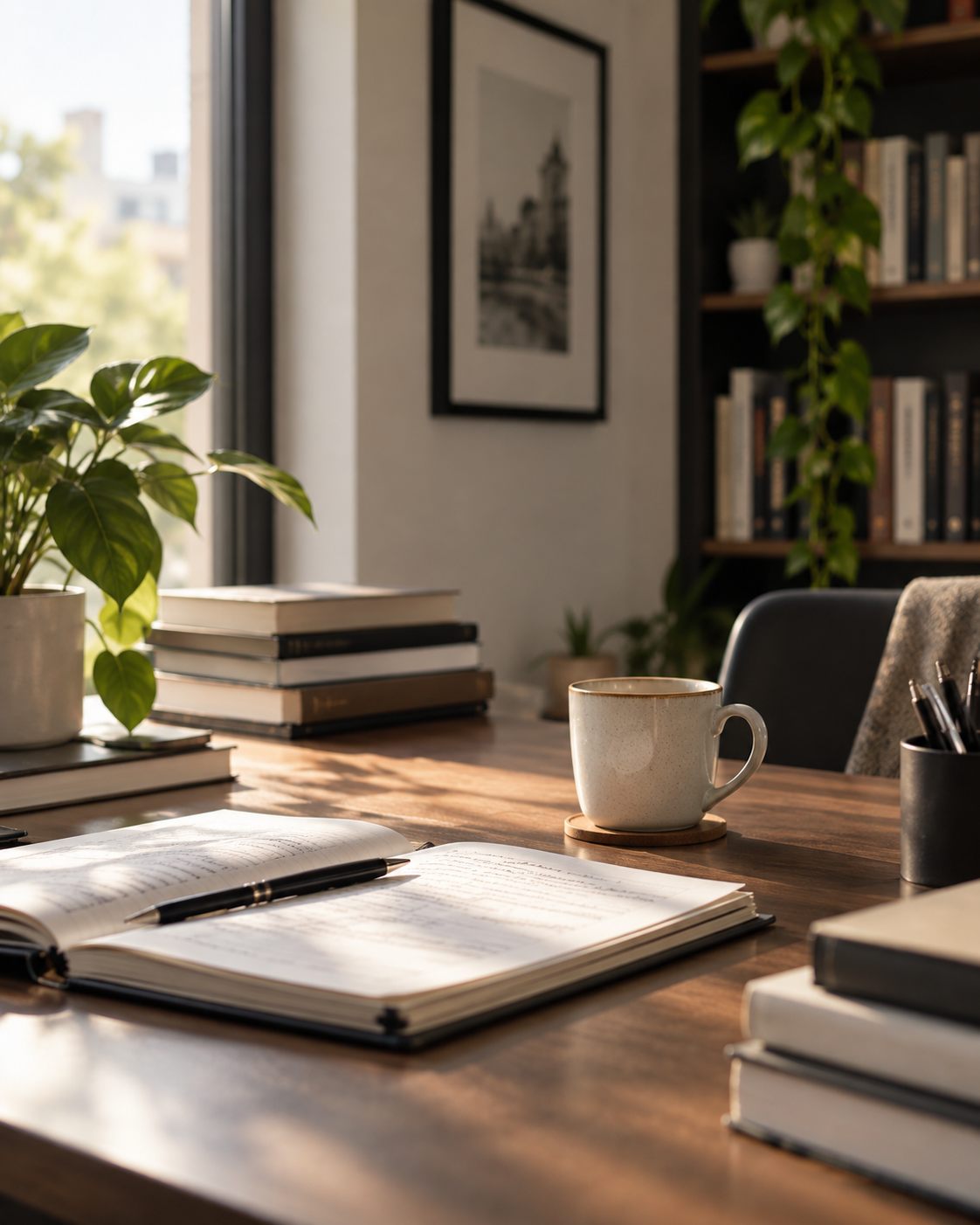 A writer's desk with open notebooks and books, morning light