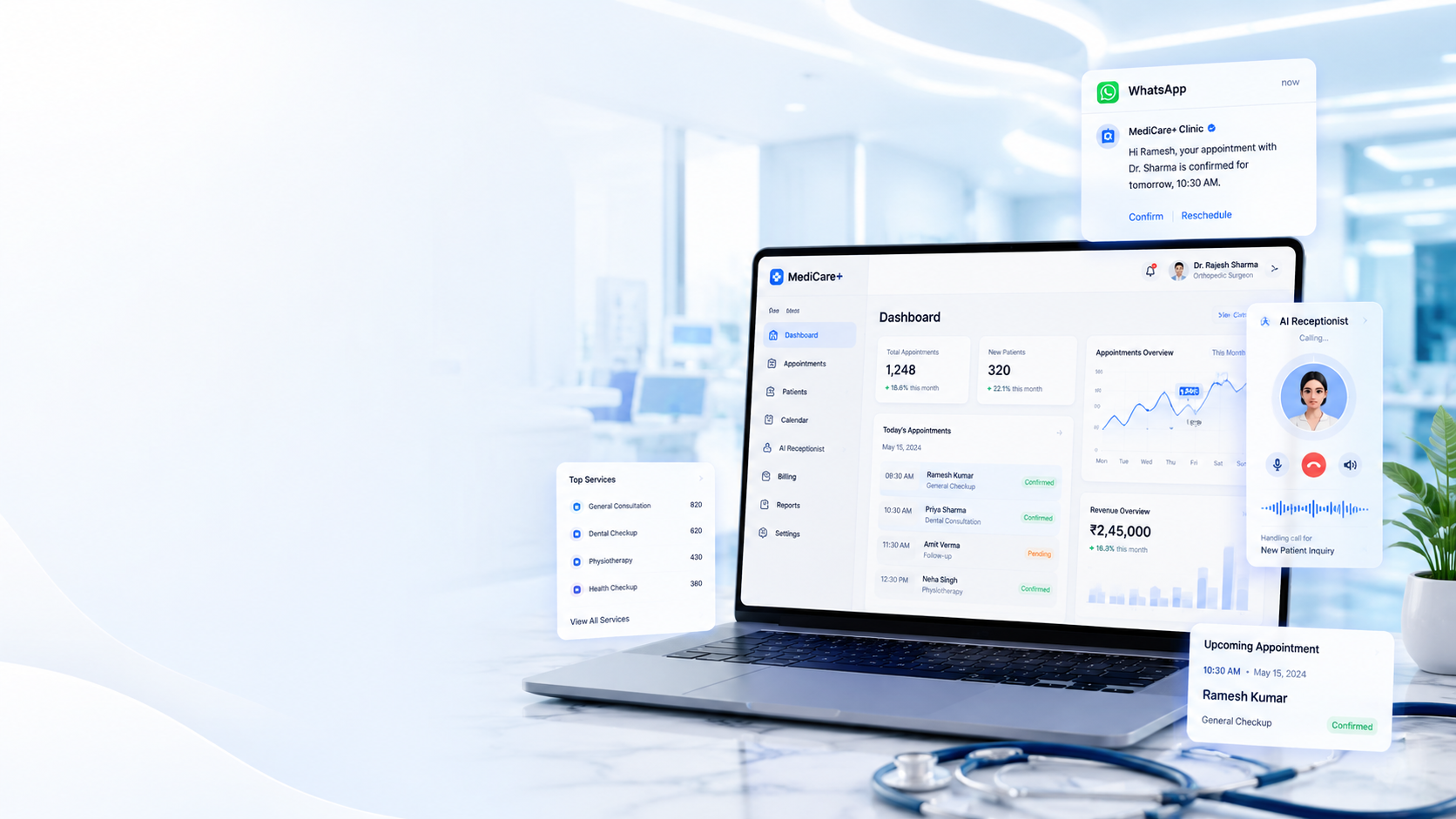 Clinic growth dashboard with WhatsApp notifications