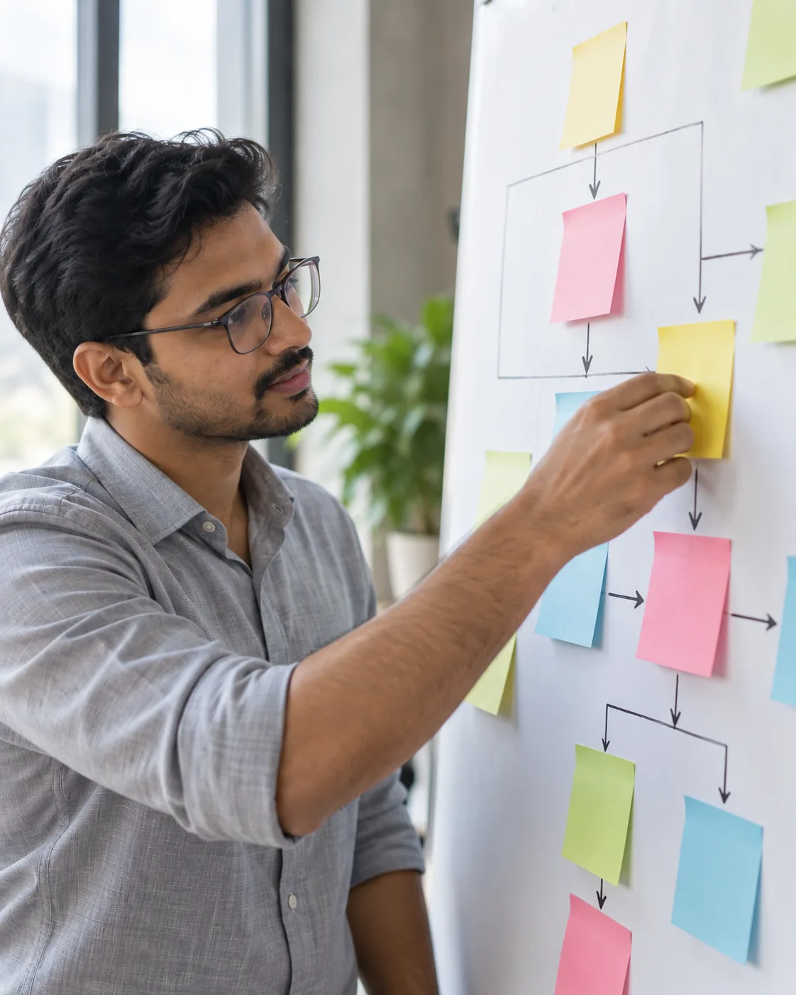 A hand arranging sticky notes into a connected workflow sequence on a whiteboard