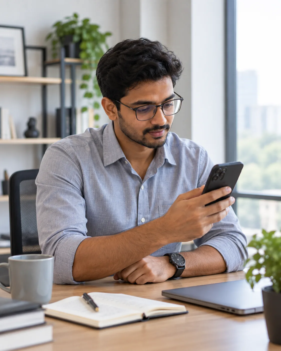 A support professional attentively reviewing a message on a smartphone