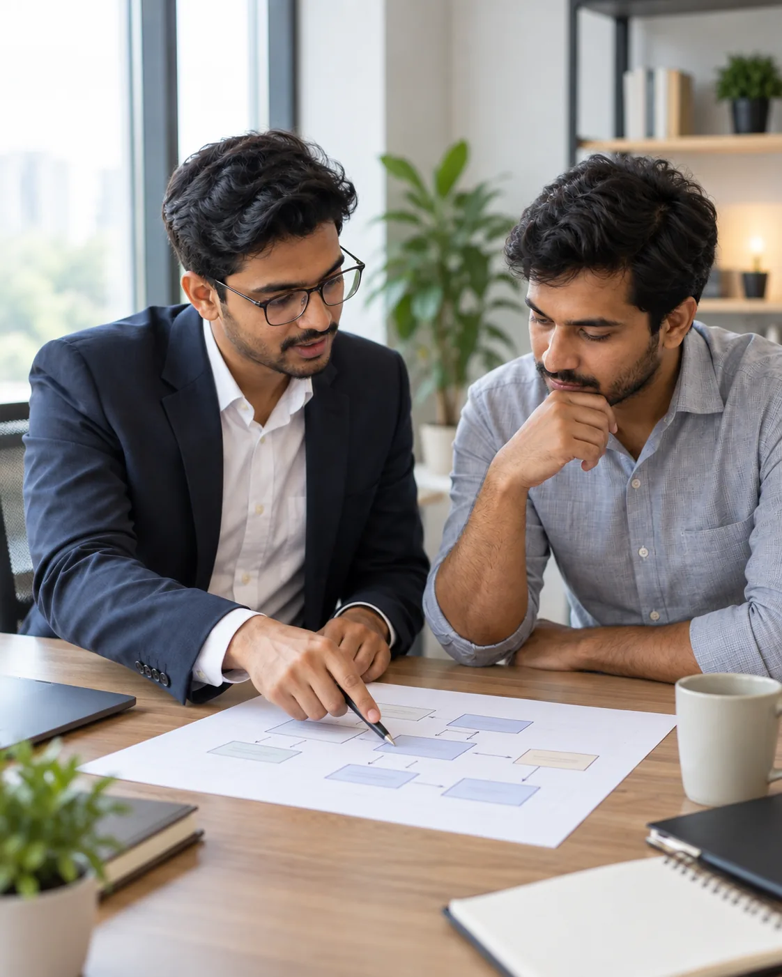 A consultant and business founder reviewing a process diagram together during an AI strategy session