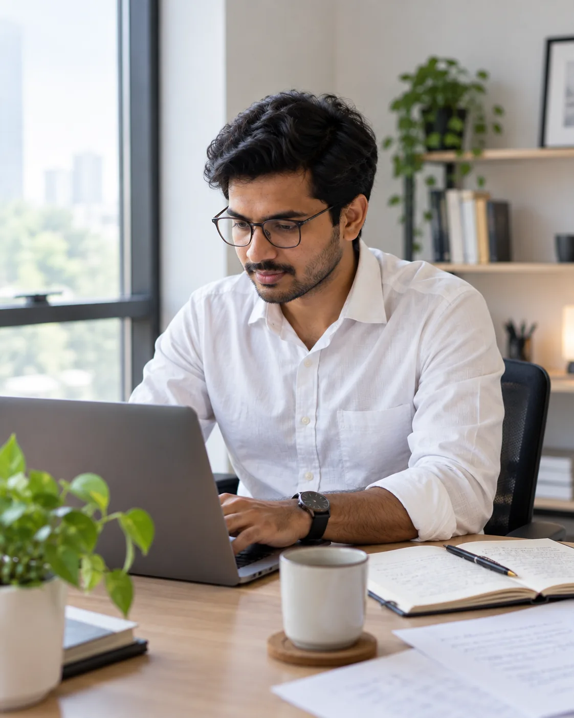 A professional working at a laptop with printed notes during a focused research session